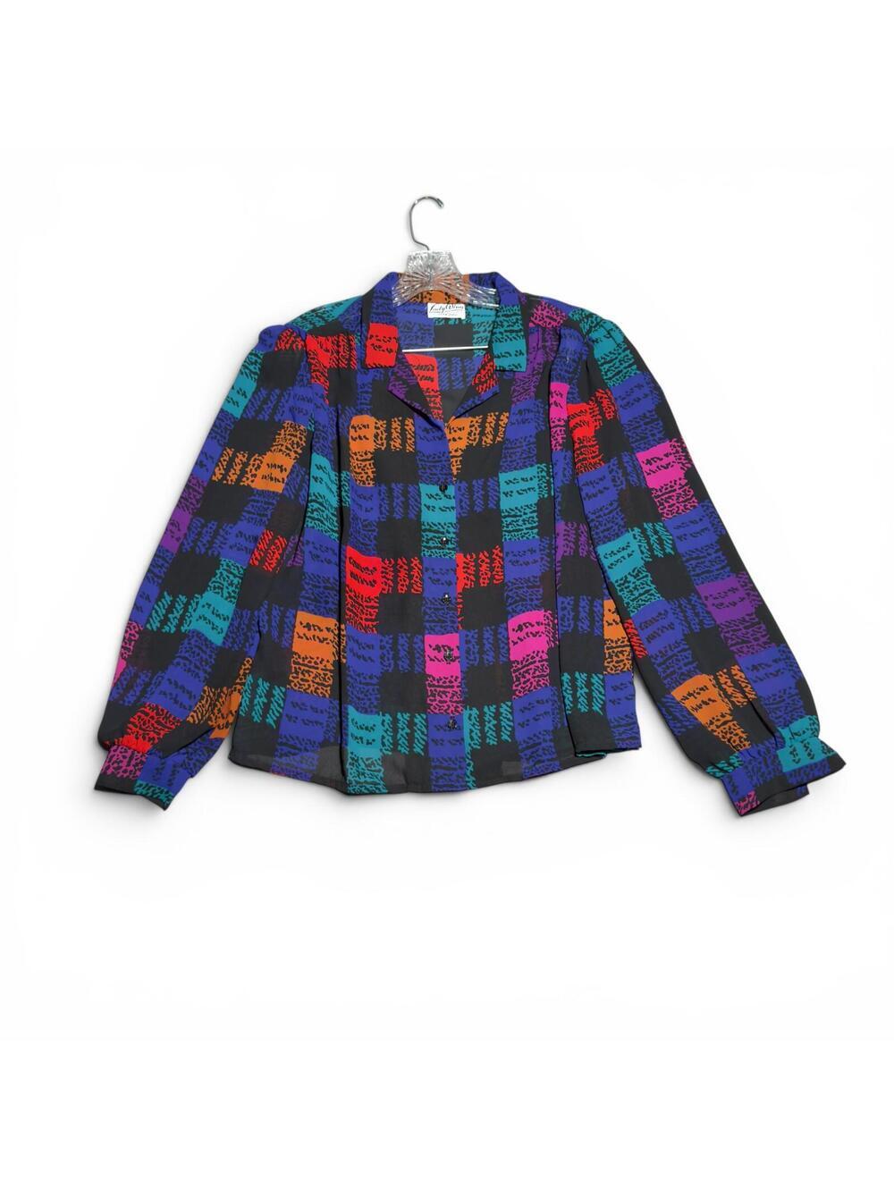 Vintage 80s Lady Windsor by Teddi Multicolor Patchwork Long Sleeve Blouse